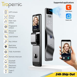 [New Arrival] 7 In 1 Tuya Fully Automatic Smart Door Lock with HD Camera Palm Unlock 6068 Security Door Lock Keyless Digital Lock Support Video Surveillance Two-Way Intercom