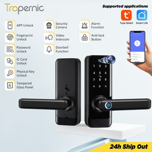 [COD] Tuya WiFi Smart Door Lock with Two-Way Audio Tempered Glass 5 In 1 Fingerprint Password Deadbolt Lock with Camera for Wooden Door