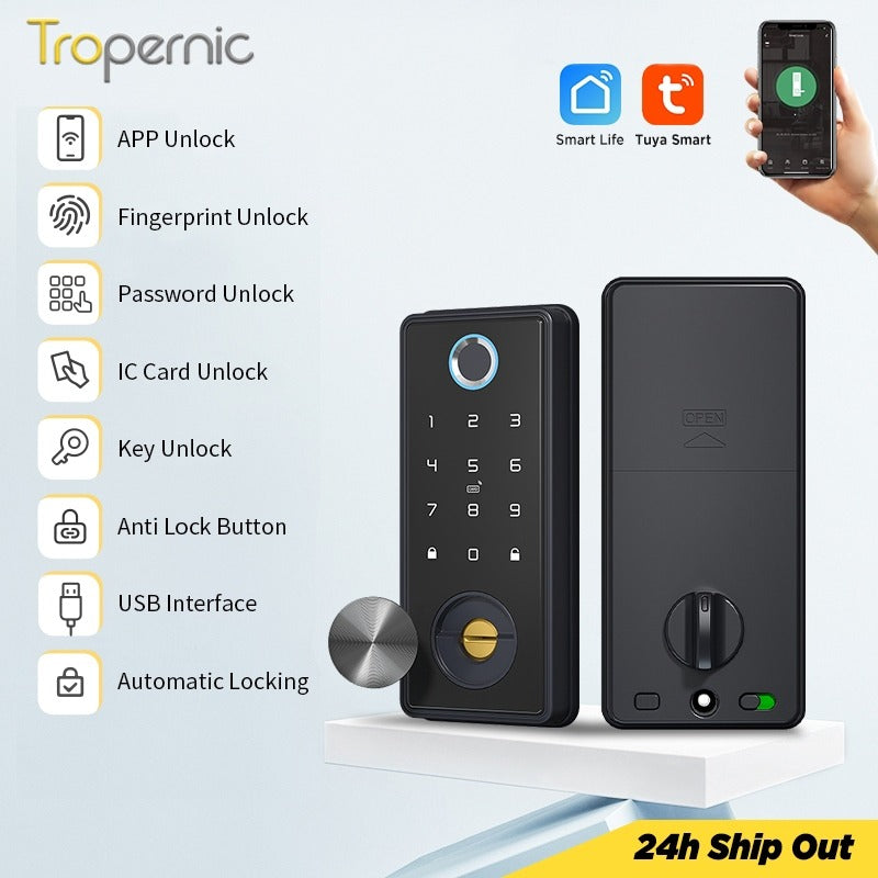 5 In 1 Tuya WiFiSmart Door Lock with Sensor Fully Automatic Fingerprint Door Lock Password Door Knob Main Door Digital Lock for Wooden Door