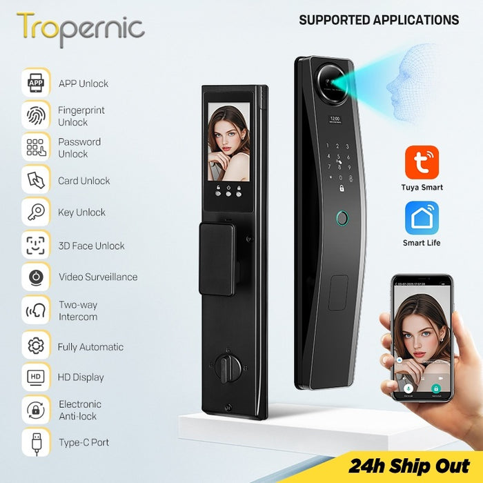 6 In 1 Tuya Smart Door Lock 3D Face Recognition Video Intercom Fully Auto Lock Pintu Rumah with Mechanical Deadlock APP Remote Unlock for Main Door Knob Heavy Duty