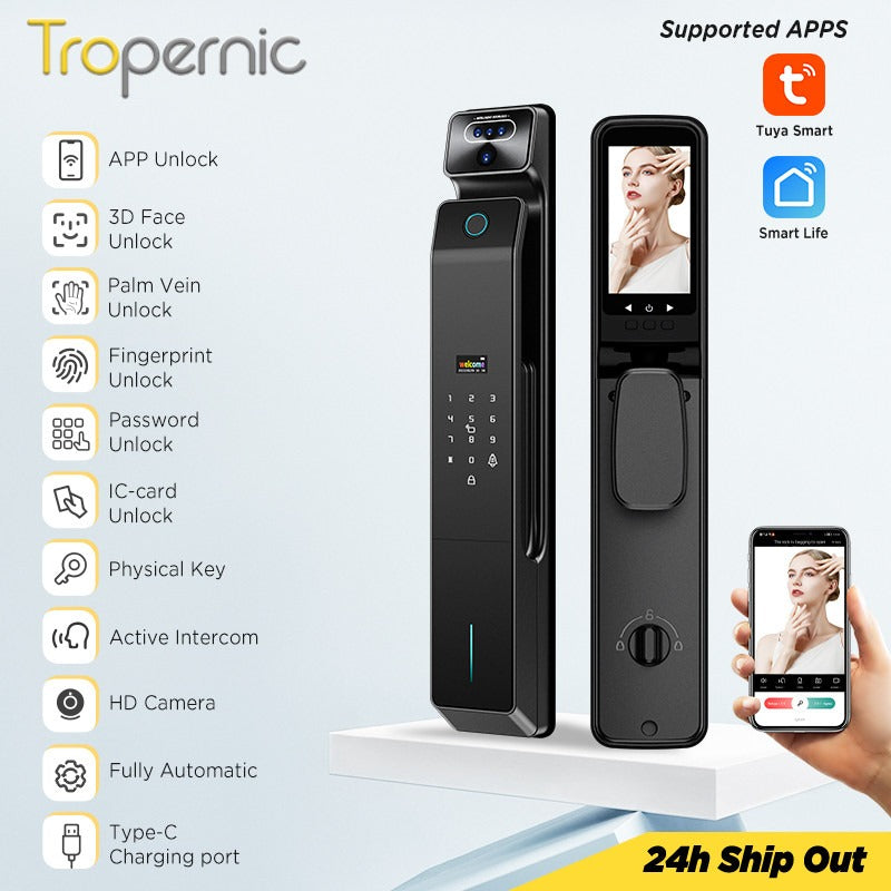 [Palmprint Unlock] 7 In 1 Tuya Smart Door Lock with Security Camera 3D Facial Recognition Fully Automatic Digital Lock Two Way Intercom Security Door Lock