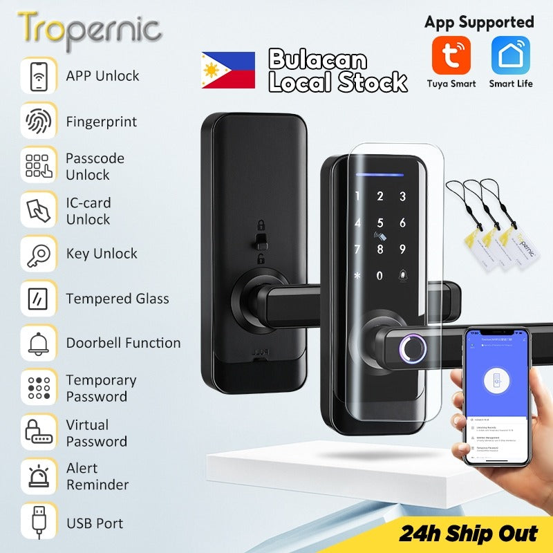 [COD] 5 in 1 Tuya WiFi Smart Door Lock with Tempered Glass Panel APP Remote Unlock Fingerprint Door Knob with Electronic Deadbolt Password IC Card Key Unlocking for Wooden Door Keyless Entry