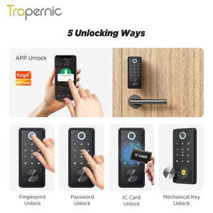 5 In 1 Tuya WiFiSmart Door Lock with Sensor Fully Automatic Fingerprint Door Lock Password Door Knob Main Door Digital Lock for Wooden Door