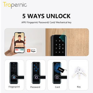 [COD] Tuya WiFi Smart Door Lock with Two-Way Audio Tempered Glass 5 In 1 Fingerprint Password Deadbolt Lock with Camera for Wooden Door
