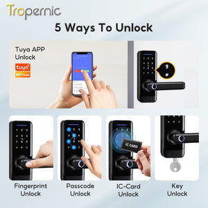 [COD] 5 in 1 Tuya WiFi Smart Door Lock with Tempered Glass Panel APP Remote Unlock Fingerprint Door Knob with Electronic Deadbolt Password IC Card Key Unlocking for Wooden Door Keyless Entry
