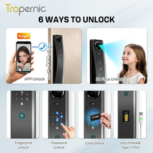 6 In 1 Tuya Smart Door Lock 3D Face Recognition Video Intercom Fully Auto Lock Pintu Rumah with Mechanical Deadlock APP Remote Unlock for Main Door Knob Heavy Duty