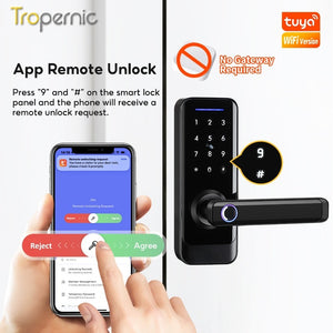 [COD] 5 in 1 Tuya WiFi Smart Door Lock with Tempered Glass Panel APP Remote Unlock Fingerprint Door Knob with Electronic Deadbolt Password IC Card Key Unlocking for Wooden Door Keyless Entry